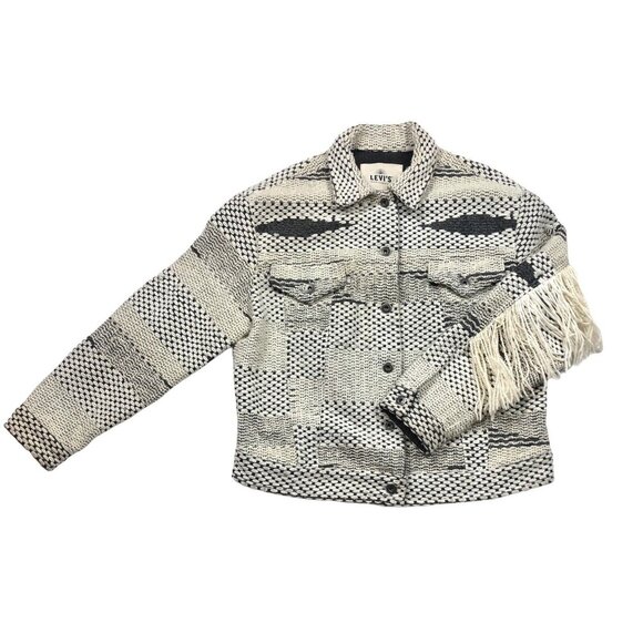 Levi's Made & Crafted Tribal Trucker Fringe Boxy Jacket Size 1 Unisex Blue White - Picture 4 of 10